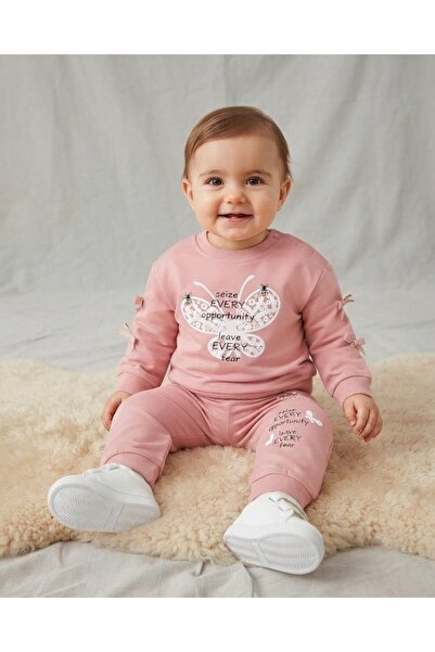 VOY KİDS Baby Girl Set with Butterfly Print and Bow on the Sleeves, 6-9-12-18...