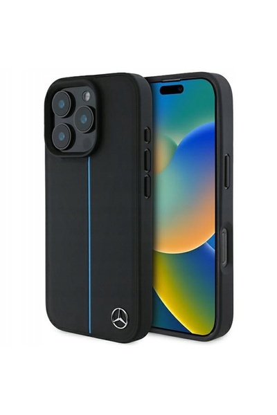 MERCEDES Husă pentru iPhone 16 Pro neagră MB Blue Line din piele MagSafe