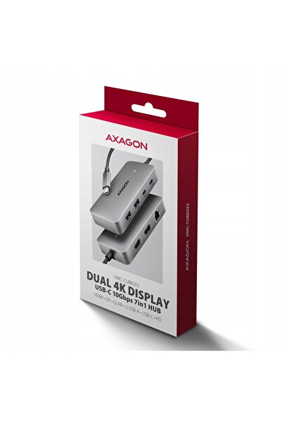 Axagon HMC-CUB83X2 Hub USB-C 10Gbps DUAL 4K 7w1 Aluminiu Gri