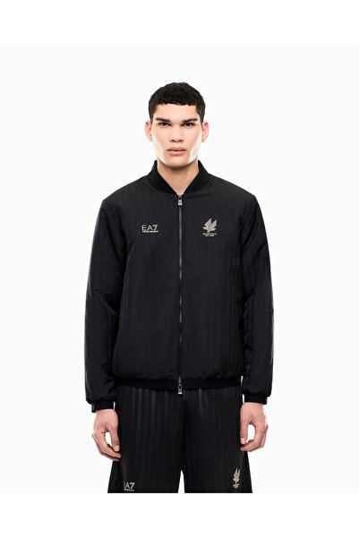 EA7 Men's Regular Fit Logo Printed Striped Bomber Black Jacket