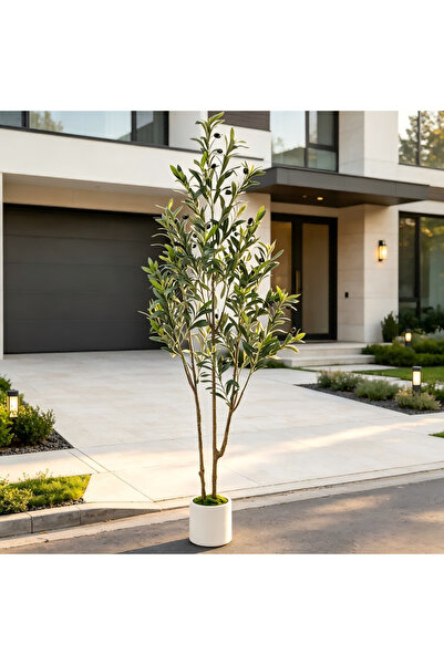 BESTONE 152cm Artificial Olive Tree, Double Trunks With Faux Olives & White P...