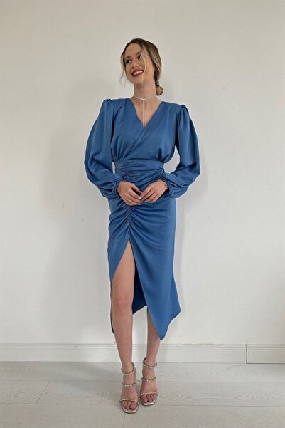 Elbee Fashion Woman Indigo V Neck Satin Dress