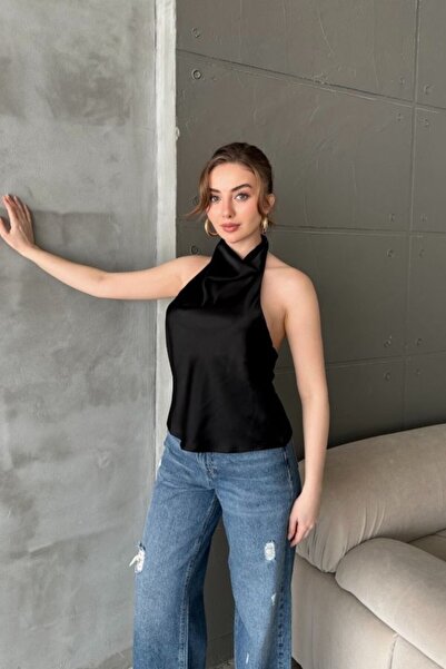 ELBEE Black Degaje Satin Blouse