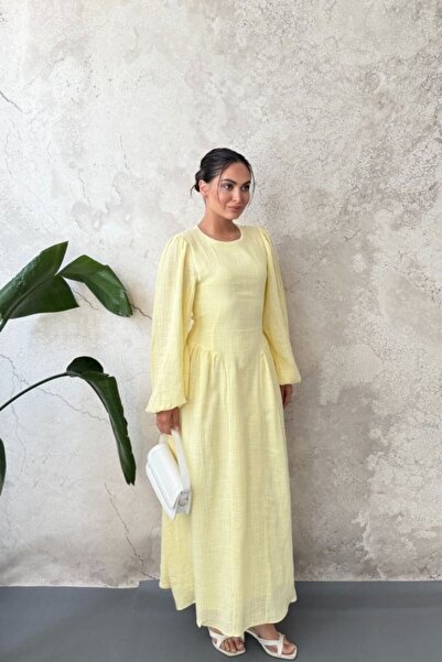 ELBEE Yellow Skirted Long Sleeve Dress with Gathered Hem