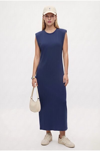 Ritnice Women's Celia Zero-Sleeve Midi Navy Blue Dress with Padded Shoulders