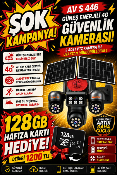 AVENİR AV-S446 SOLAR KAMERA + 128gb sd kart