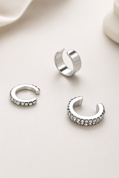 TREND COLLECTİON Kadın 3'lü Ear Cuff Küpe Seti Gümüş ve Taşlı Kıkırdak Küpe (sıkıştırmalı)