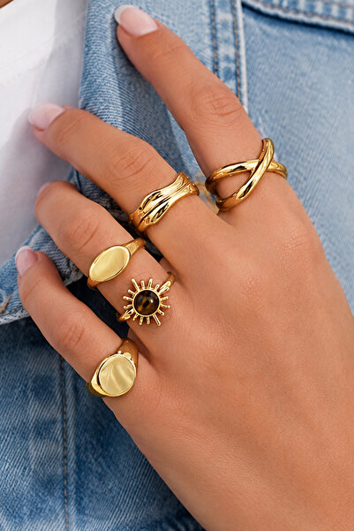 THE Steel Women's Gold 5-Piece Ring Set with Sun Figure Vintage Adjustable Ring