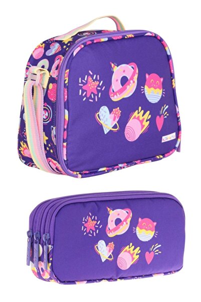 KAUKKO Kids Purple Pink Heart Patterned Girl's Lunchbox+Pen Holder School Set...