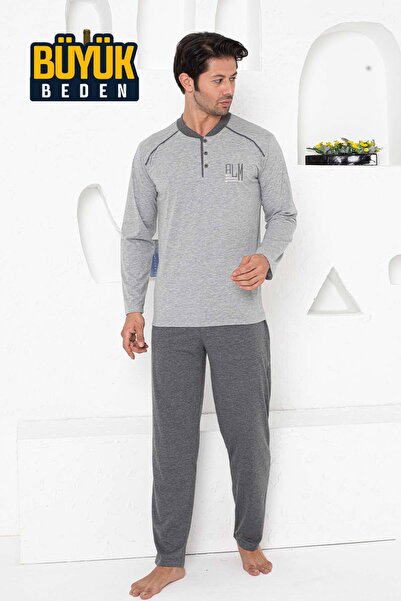 ALİMER Plus Size Men's Pajama Set - Gray Arma Embroidered Long Sleeve Combed ...
