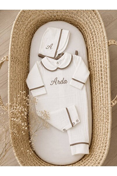 Tly Home Textiles Embroidered Muslin Newborn Baby Romper and Hat Set