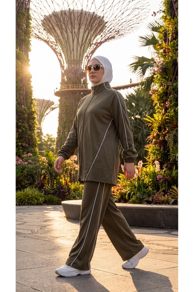 Wovi Moda Women's Khaki Stand Collar Zippered Tunic and Striped Trousers Two-...