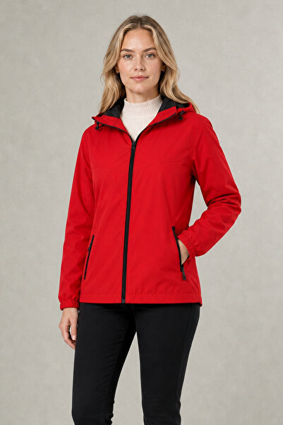 Montland Women's Red Removable Hooded Water and Wind Resistant Zippered Rainc...