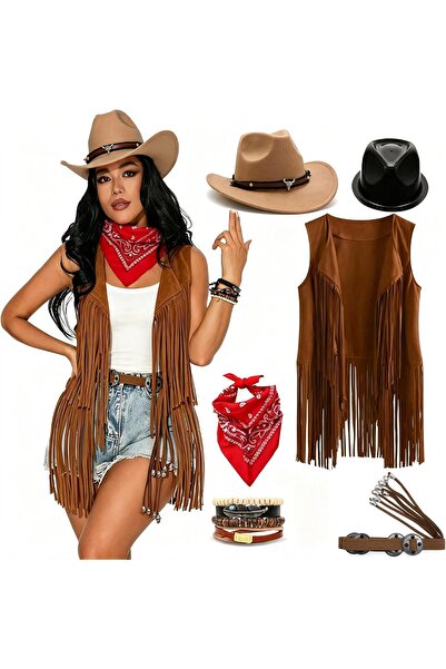 Generic 6Pcs Womens Western Cowgirl Costume 70s Hippie Fringe Vest Outfit wit...