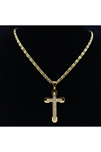 Tessero Lantisor cu Pandantiv Cruce Auriu Incrustat cu Zirconiu Cubic, Lant G...