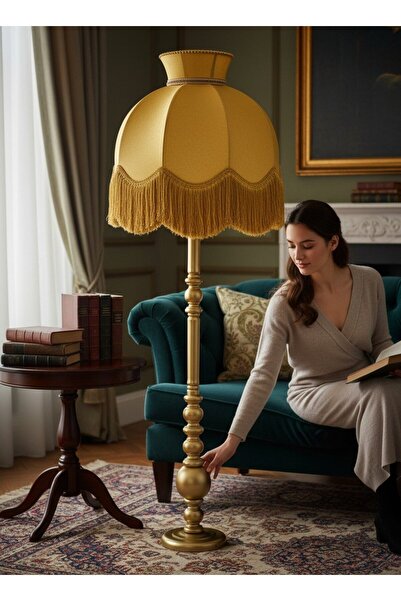 Dekovien Gold Kadife Başlık Gold Ahşap Ayaklı Lambader Vintage Model 170x50cm