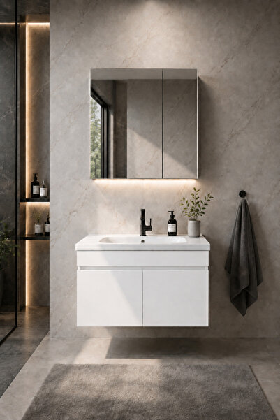 KALE Serisi Banyo Dolabı Seti Parlak Beyaz | Banyo Alt Dolap - Aynalı Üst Dolap | Cerastyle Frame Lavabolu, Lavabo-Aynalı Üst Dolap Dahil