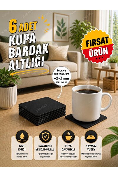 garaccu Premium Keçe Kare Bardak Altlığı 6 Adet Siyah