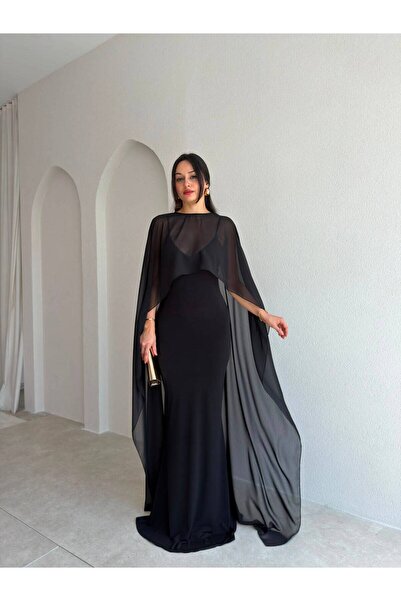 Mooi Butik APRİL Pelerinli Maxi Elbise 3258 - Siyah