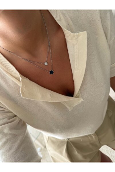 ANKA JEWELLRY Steel Women's Silver Double Necklace |   Black & White Flower D...