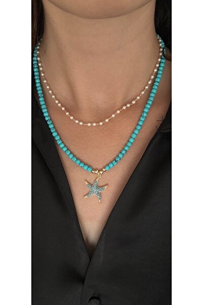 KAD COLLECTION Turquoise Stone Sea Star Charm Multi-Strap Necklace Combination