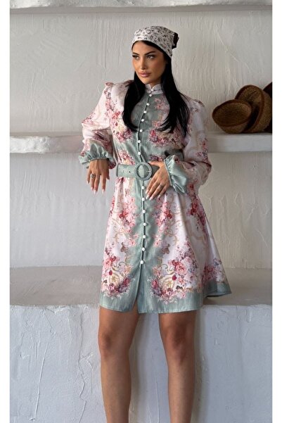 NEW JOURNAL Women's Çağla Pera Linen Mandarin Collar Belted Midi Dress Jen26103