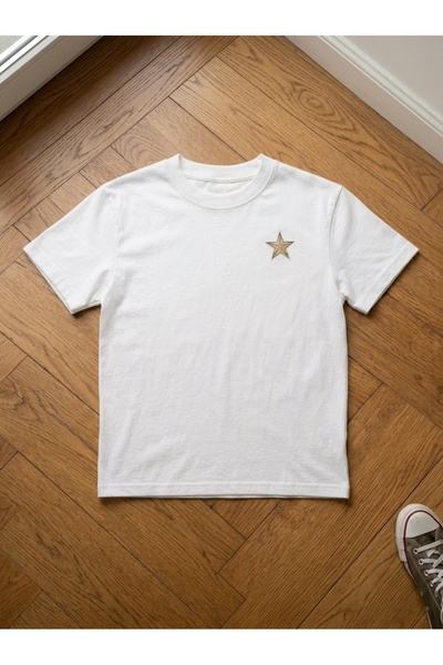 Mubelle Wear Unisex Minimal Yıldız Desenli Bisiklet Yaka Pamuklu Tişört