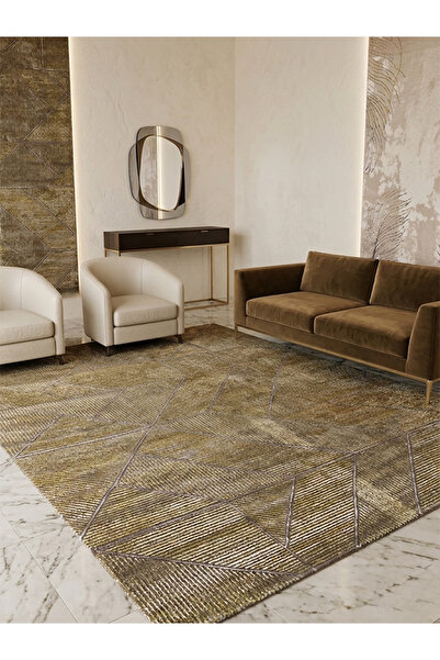 jeel alshabab "Amber" Turkish Carpet - Modern Geometric Olive Gold and Silver...