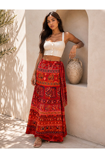 laviyonsa Waist-Wrapped Ethnic Patterned Cotton Long Skirt Std 34-48
