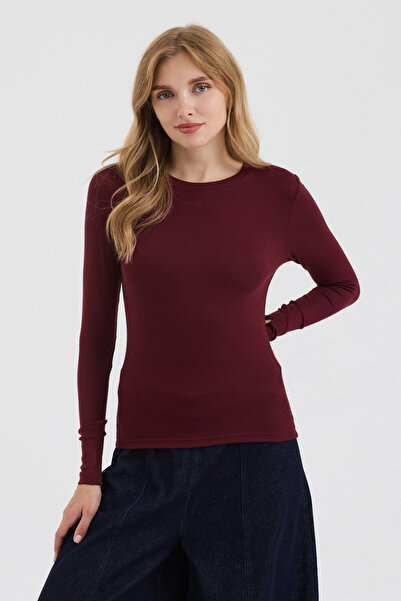MODiSCHO Women's Crew Neck Burgundy Slim Fit Finger-Loop Ultra Soft Flexible ...