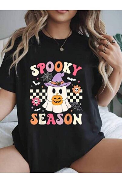 21JNRY Tops, Groovy Spooky Season Retro Ghost Holding Pumpkin Graphic Tees Wo...