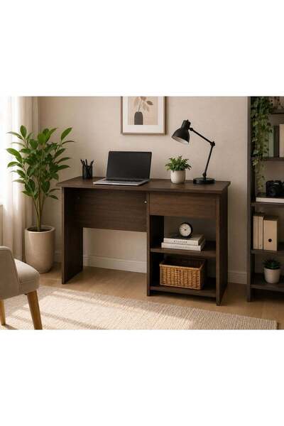 N.zone Modern Dark Brown Wood Study Writing Desk with Side Storage and 2 Open...
