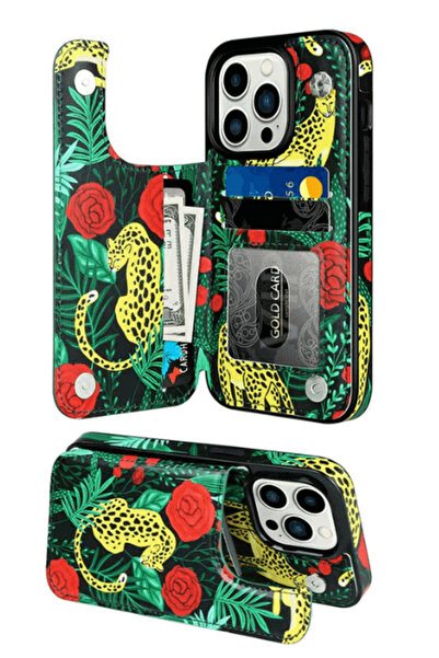OEM Husă portofel pentru iPhone 14 Pro cu suport, Leopard și Trandafiri, 6.1 "