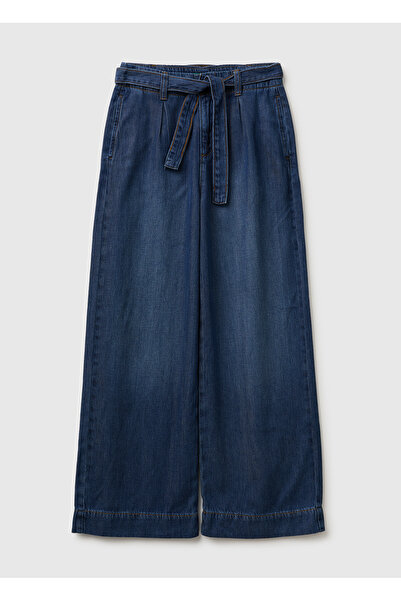 United Colors of Benetton Girl's Dark Denim Wide-Leg Denim Pants with Belt