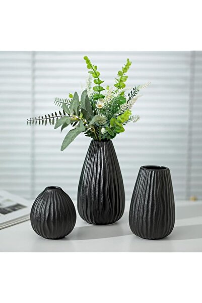 Generic Brand NUPTIO Black Ceramic Vase Decor: Decorative Modern Ribbed Flowe...
