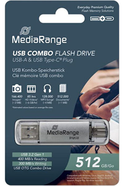 MediaRange 512GB USB 3.2 Στικάκι με συνδέσεις USB-A & USB-C Ασημί