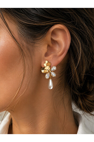 Hector&Co. Jewellery Gold Çiçek Tasarımlı Kristal Taşlı İnci Sallantılı Küpe