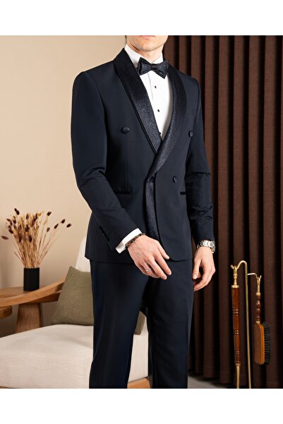 TerziAdemAltun Slim fit erkek şal yaka kruvaze ceket pantolon damatlık set la...