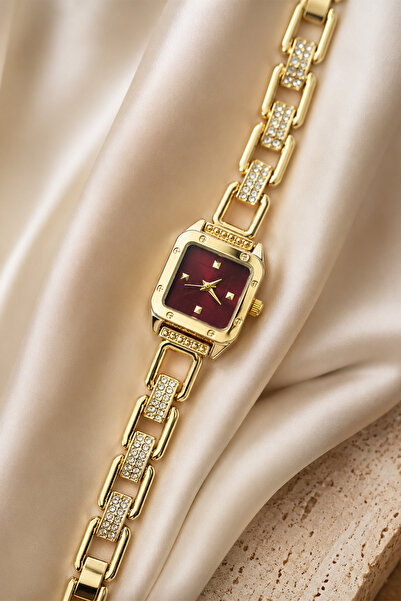 GANYMET Ossy Women's Gold Square Case Burgundy Dial Stone Detailed Chain Stra...