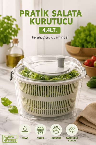 Mecra Life 4,4 LT Salata Kurutucu Sebze Yeşillik Kurutma ve Yıkama Kabı – Süz...