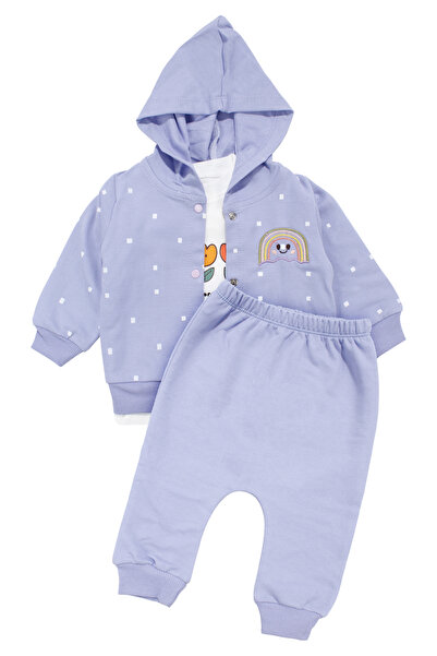 bebegen Baby Girl White Purple Tulip Rainbow Patterned Cardigan 3-Piece Set