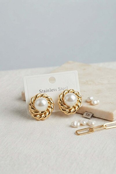 Inure Jewelry 316L Steel Gold Color Pearl Model Women's Earrings