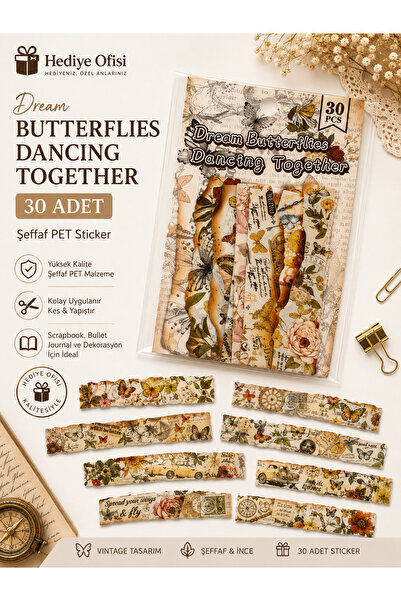 hediyeofisi Şeffaf Vintage Scrapbook Sticker 30 Adet PET Dekoratif Journaling...