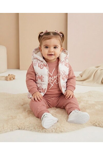 Ege Bebek Baby Girl Seasonal Inflatable Vest, Sweatshirt and Pants 3-Piece Se...