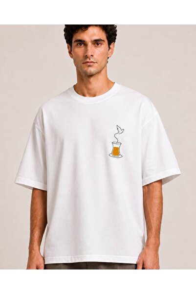 CANMODA White Oversize Minimal Tea and Bird Printed Design T-Shirt