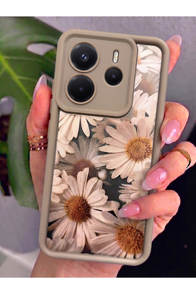 Rivor Xiaomi Redmi Note 14 Uyumlu Kılıf Kamera Korumalı Vintage Papatya Desenli Kahverengi Silikon Kapak