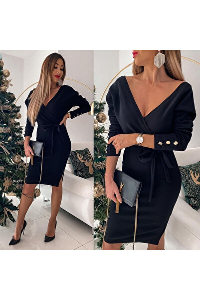 JANES Rochie mini de damă, cu mâneci lungi, guler petrecut, cu șiret, din acril.