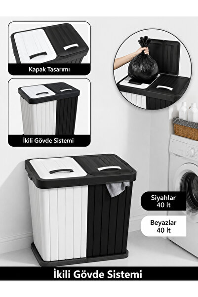 BBA HOME 2 Bölmeli Kirli Çamaşır Sepeti 40+40 Litre Beyaz & Antrasit İkili Ça...