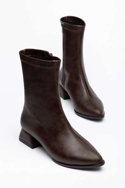 moda rees Brown Women's Leather Short Heeled Zippered Winter Boots