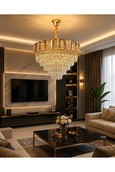 Led YENİ MODEL 50 CM KRİSTAL LÜX SALON AVİZE GOLD RENK İTHAL KASA
